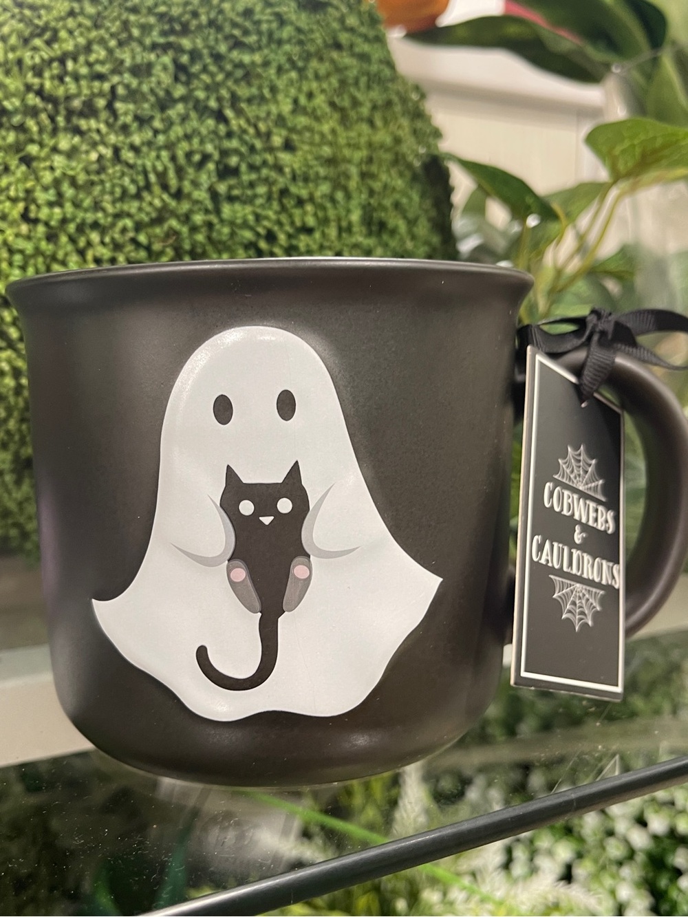 Halloween Ghost holding Black Cat Black & Orange  Diamond Ceramic Coffee Mug  N